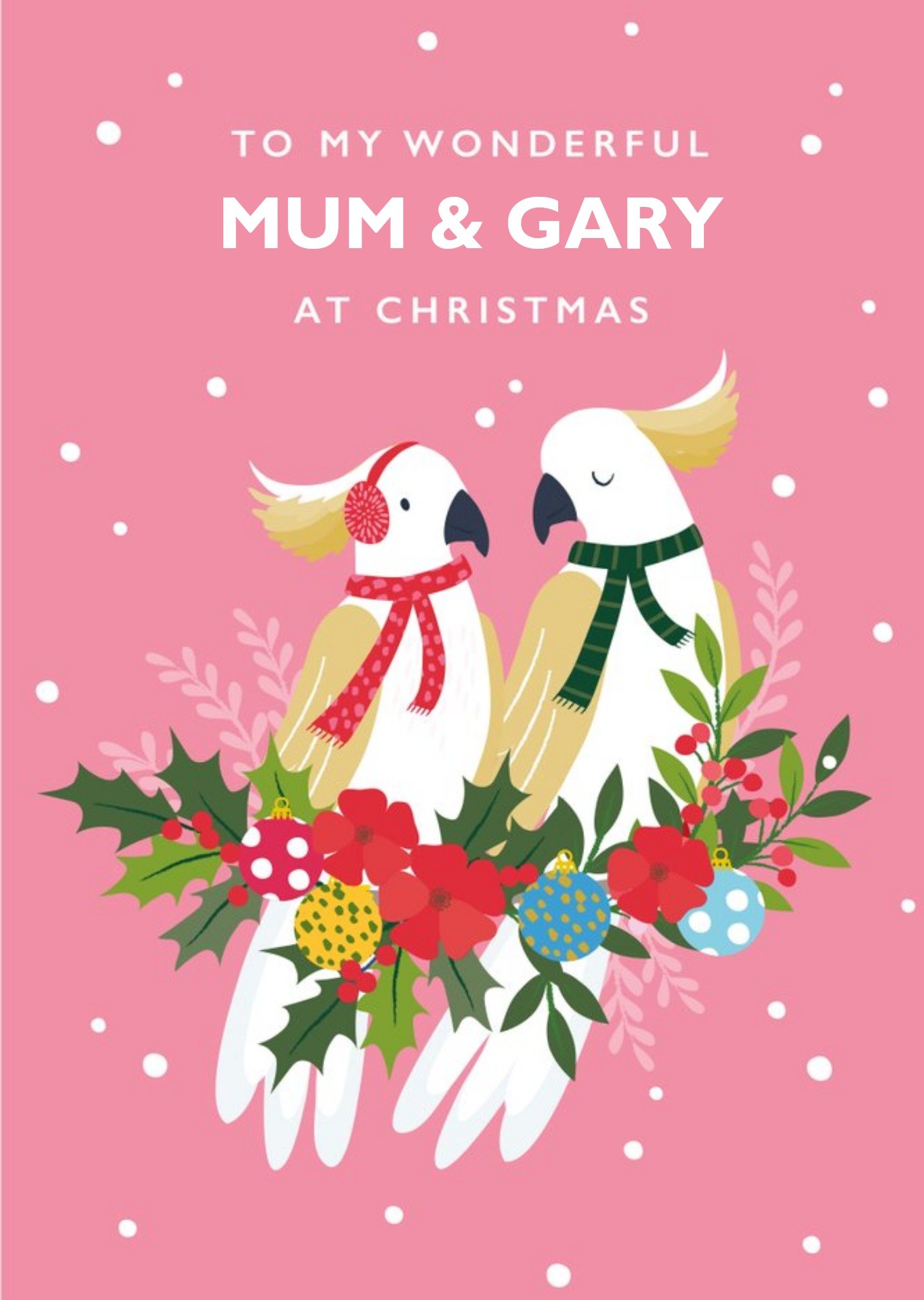 Moonpig Cute Illustration Of A Pair Of Cockatoos Perched In Decorations Christmas Card Ecard