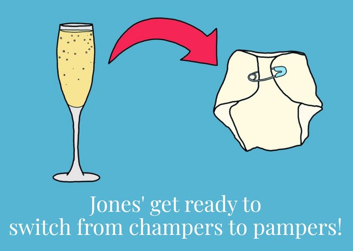 Personalised Name Get Ready To Switch From Champers To Pampers New Baby Card