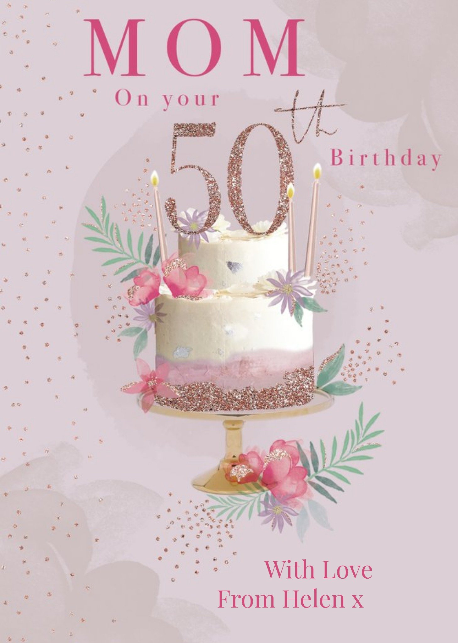 Moonpig Clintons Mom Pink Glitter Cake 50th Birthday Card Ecard
