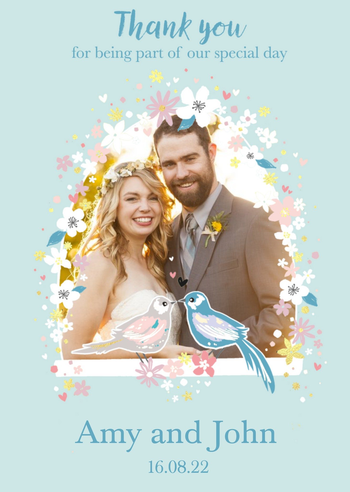 Photo Frame Surrounded By Colourful Flowers And Love Birds Wedding Day Photo Upload Thank You Card Ecard