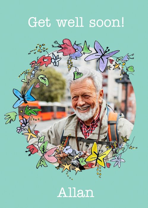 Illustration Of Flowers And Butterflies Get Well Soon Photo Upload Card