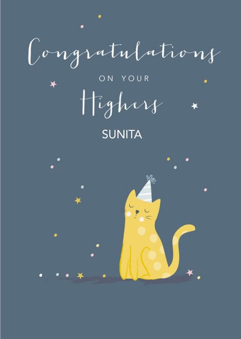 Cute Illustrated Sitting Cat Party Hat Congratulations Exams Card