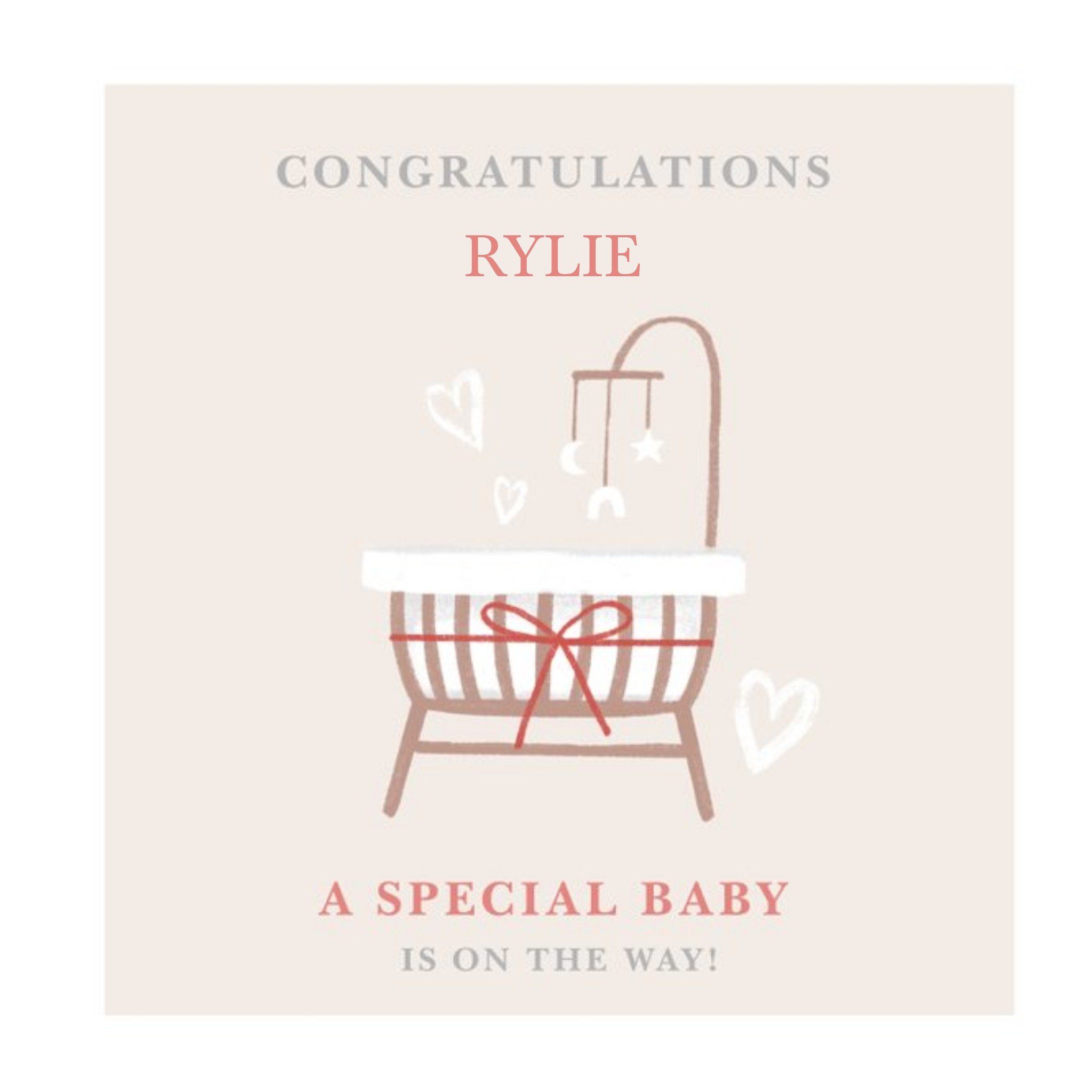 Illustration Of A Baby Cot With A Baby Mobile Surrounded By Hearts New Baby Card, Square