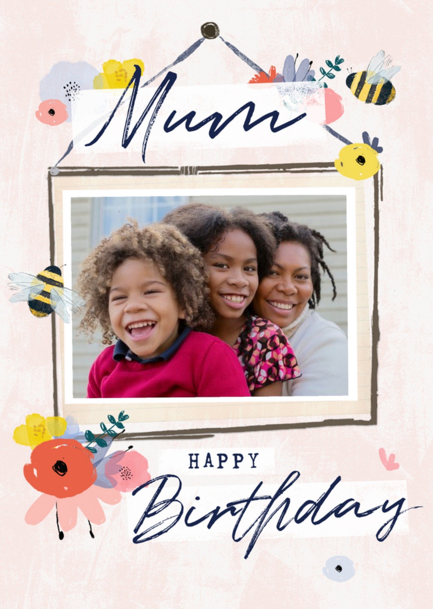 Moonpig Bees Knees Floral Bees Happy Birthday Mum Photo Upload Birthday Card, Large