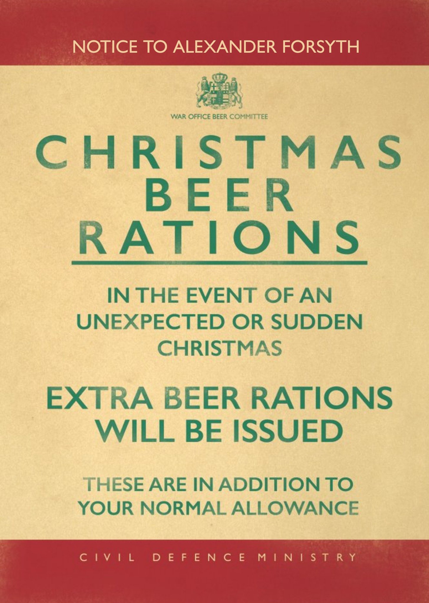 Moonpig Personalised Christmas Beer Rations Card Ecard