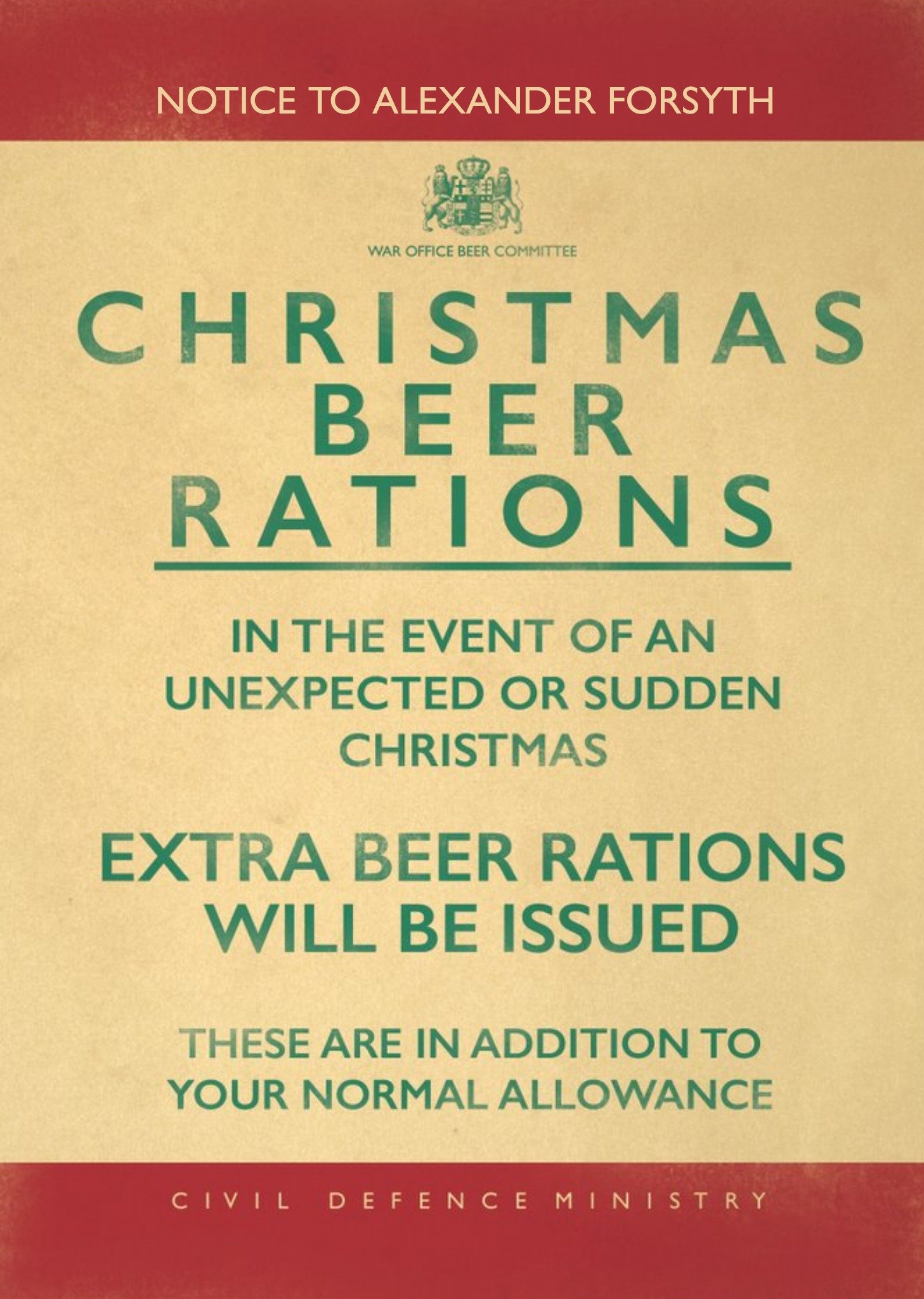 Personalised Christmas Beer Rations Card Ecard