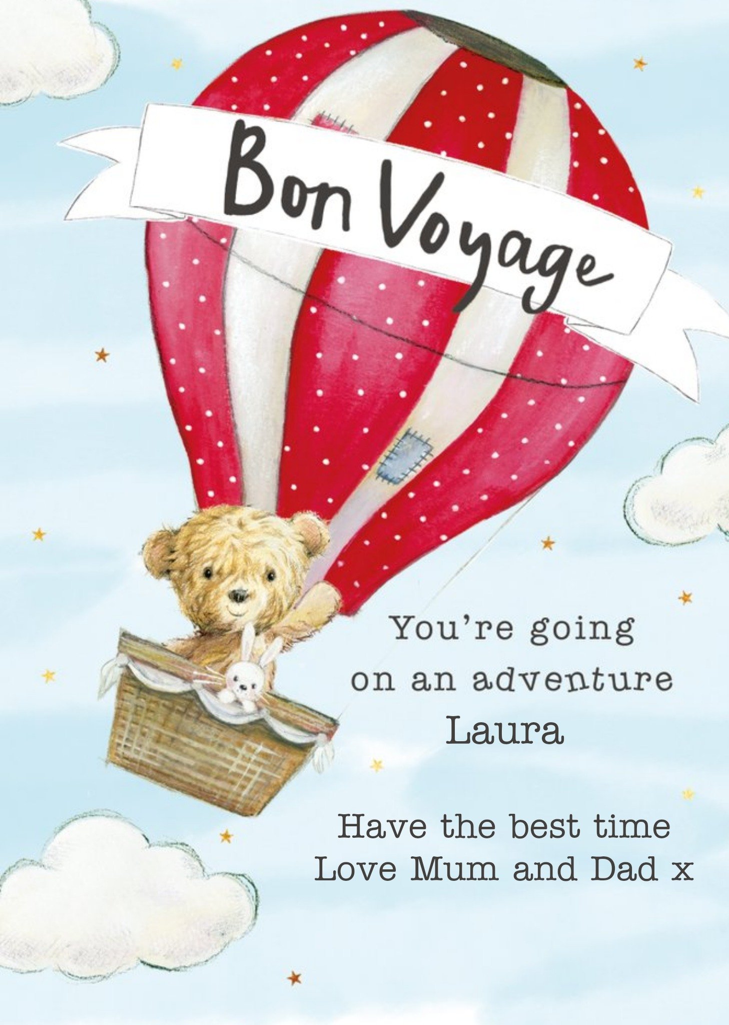 Clintons Illustrated Teddy Bear Hot Air Balloon Customisable Leaving Card Ecard