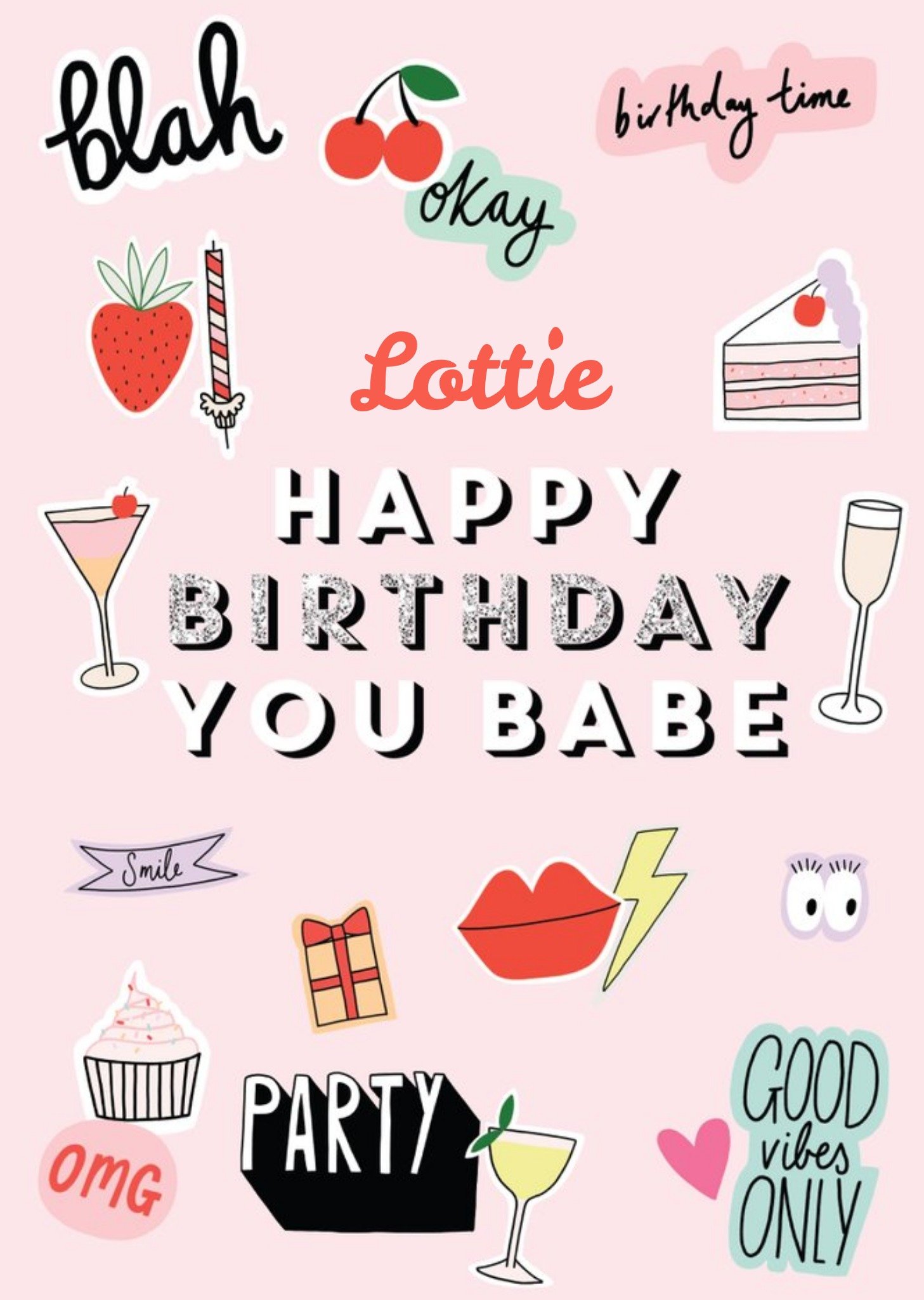 Happy Birthday You Babe Fun Modern Card - Stickers Emojis Ecard