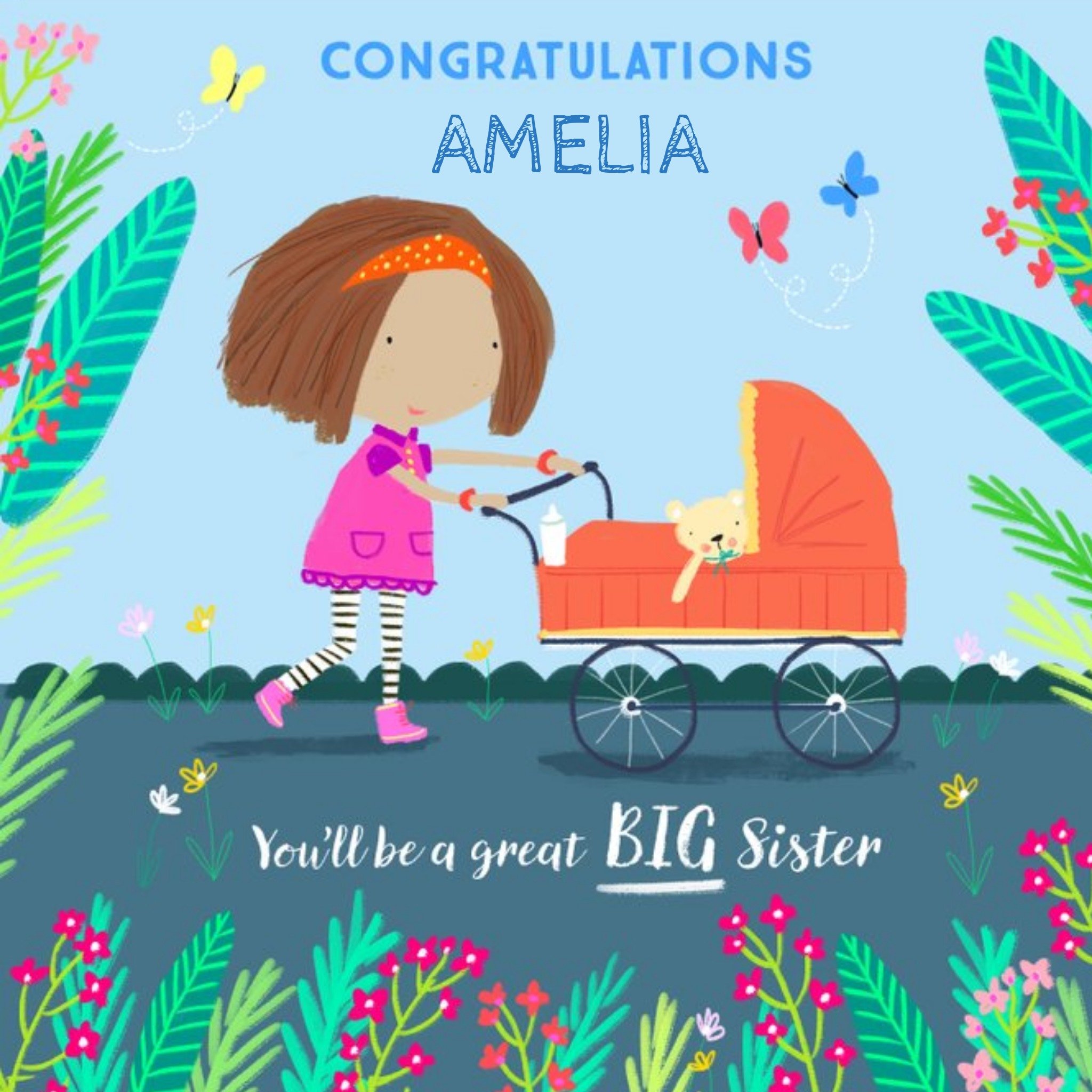 Bright Fun Illustrated Congratulations You'll Be A Great Big Sister New Baby Card, Square