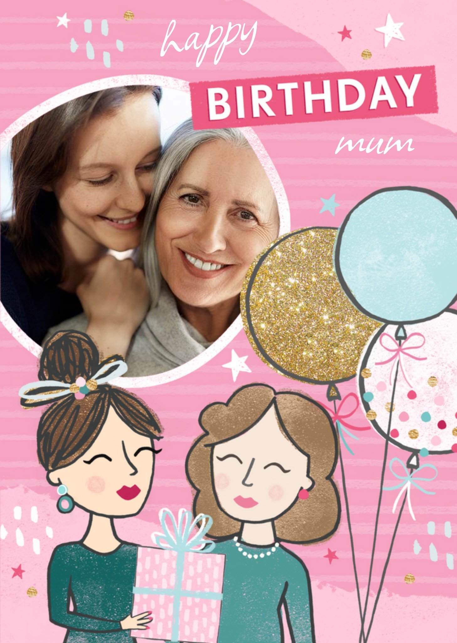 Moonpig Celebration Birthday Ballons Party Themed Mum Photo Upload Birthday Card, Large