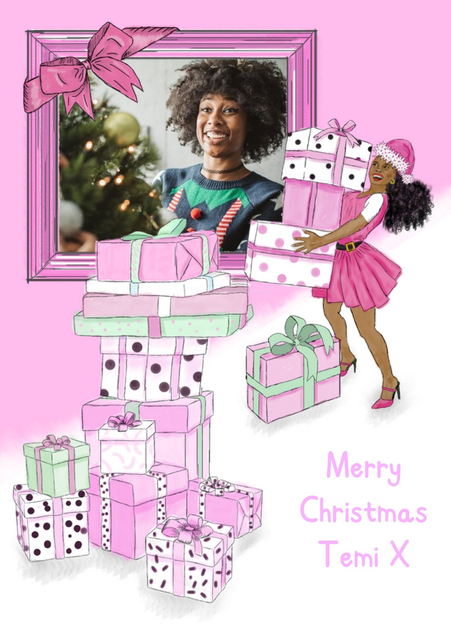 Kitsch Noir Illustrated Photo Upload Pink Presents Christmas Card