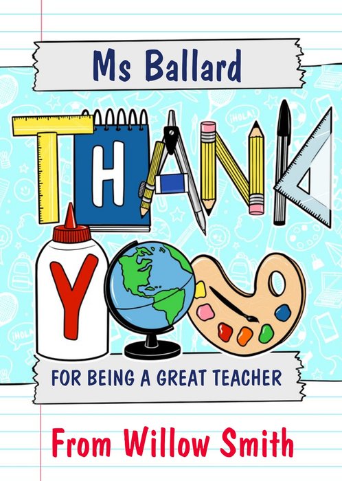 Typography Made Up Of School Equipment Thank You Teacher Card