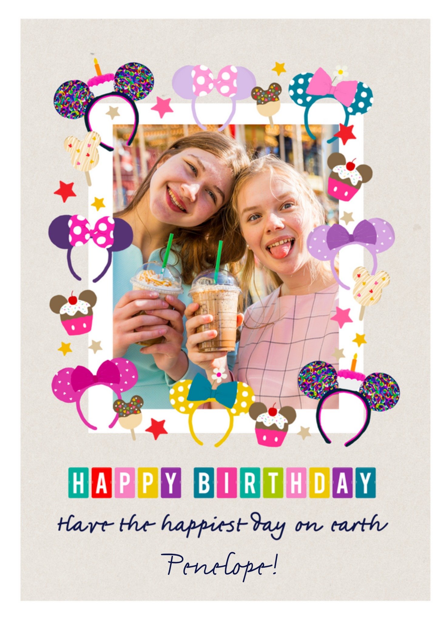 Mickey Mouse Mickey And Minnie Mouse Ears And Treats Photo Upload Birthday Card, Large