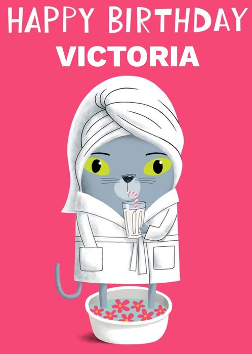Illustration Of A Cat In A Bathrobe Drinking Milk Relaxing With Its Feet In A Foot Spa Birthday Card