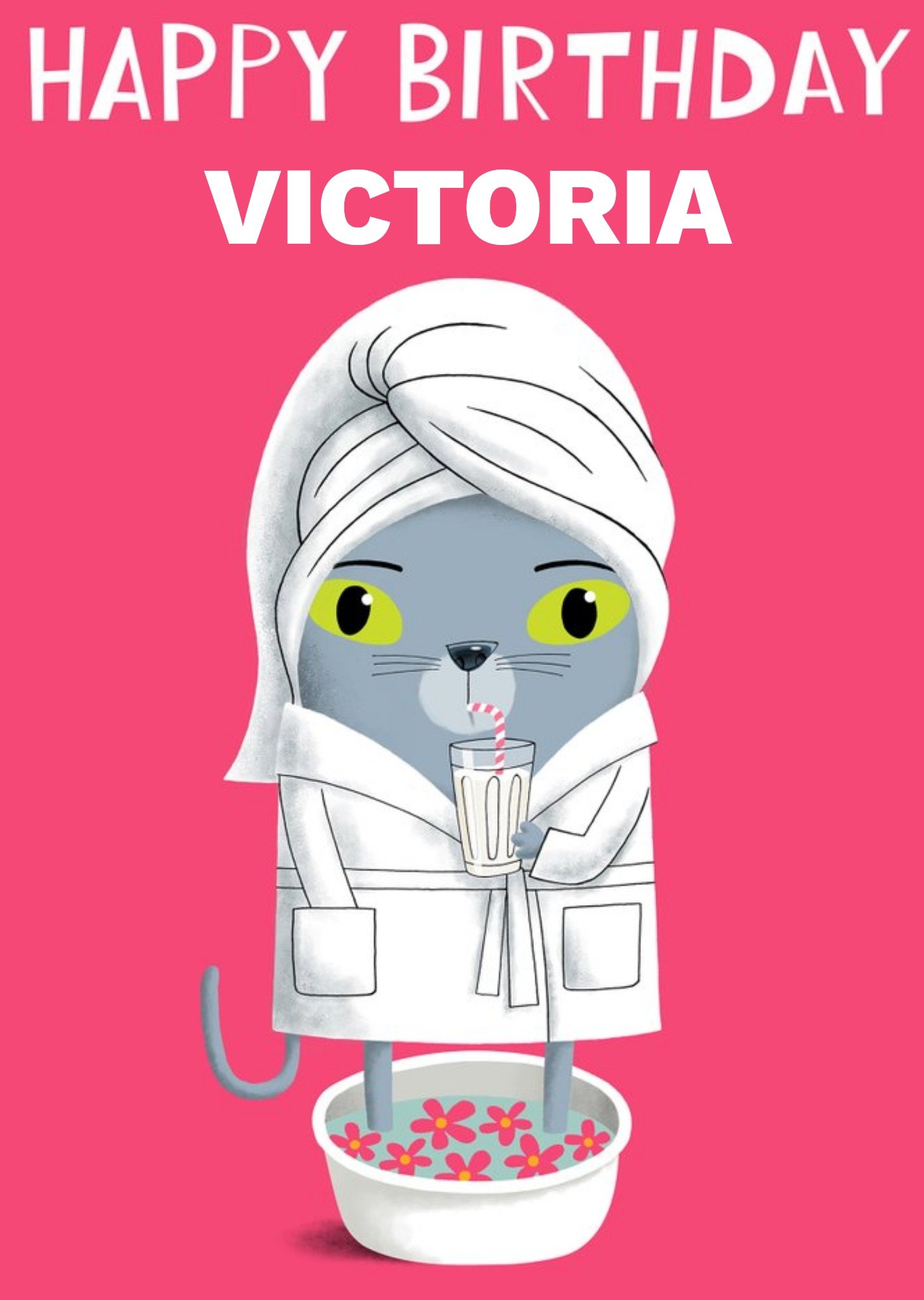 Moonpig Illustration Of A Cat In A Bathrobe Drinking Milk Relaxing With Its Feet In A Foot Spa Birth