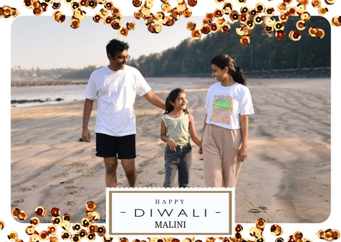 Metallic Gold Sequins Happy Diwali Photo Card