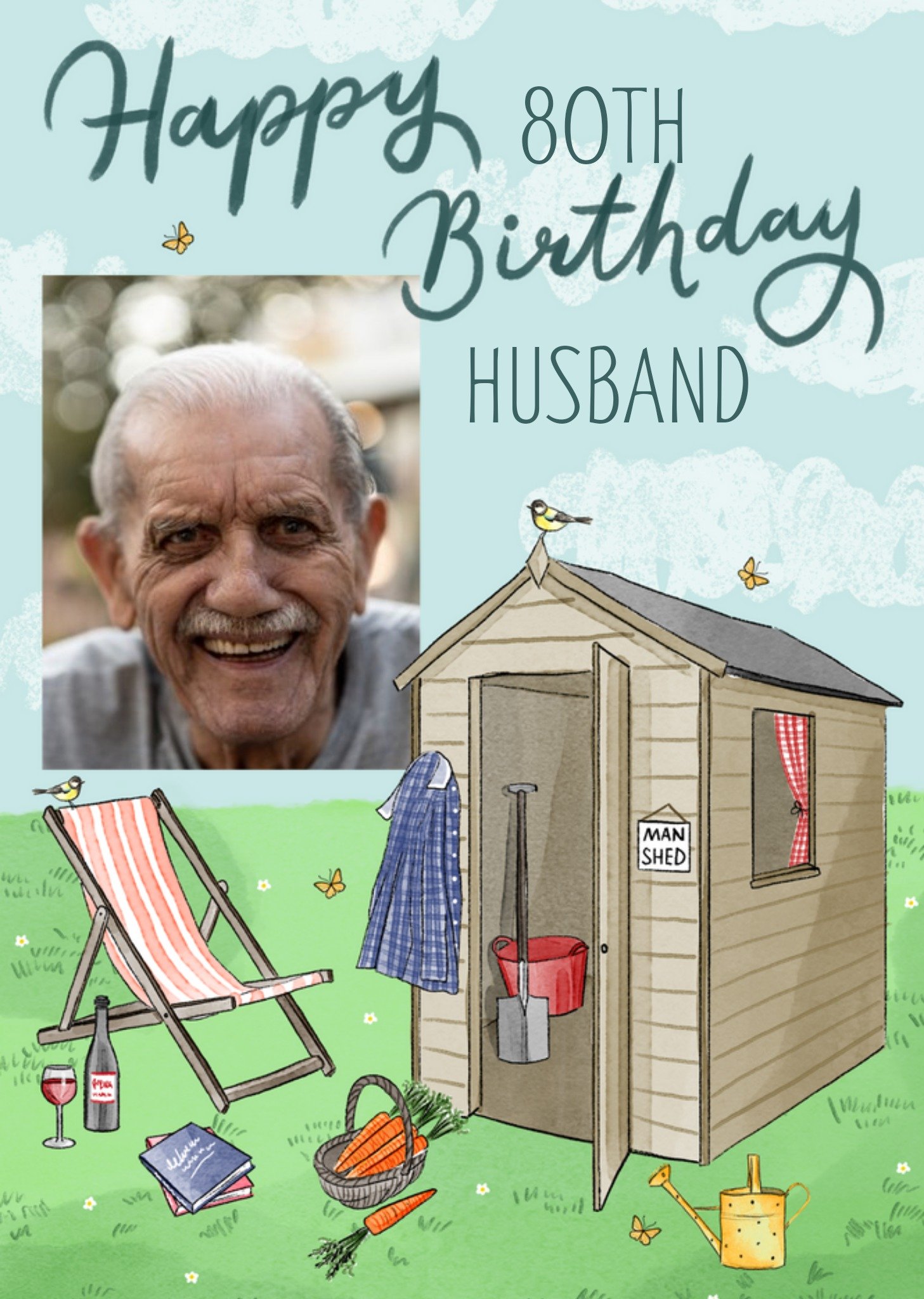 Okey Dokey Design Okey Dokey Illustrated Garden Shed Happy 80th Birthday Husband Photo Upload Card, 