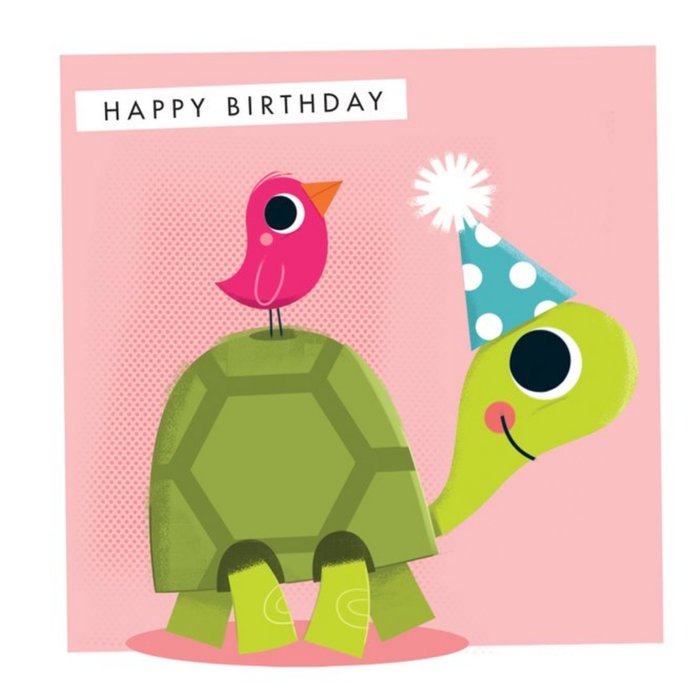 Tortoise And Bird Party Hat Happy Birthday Card