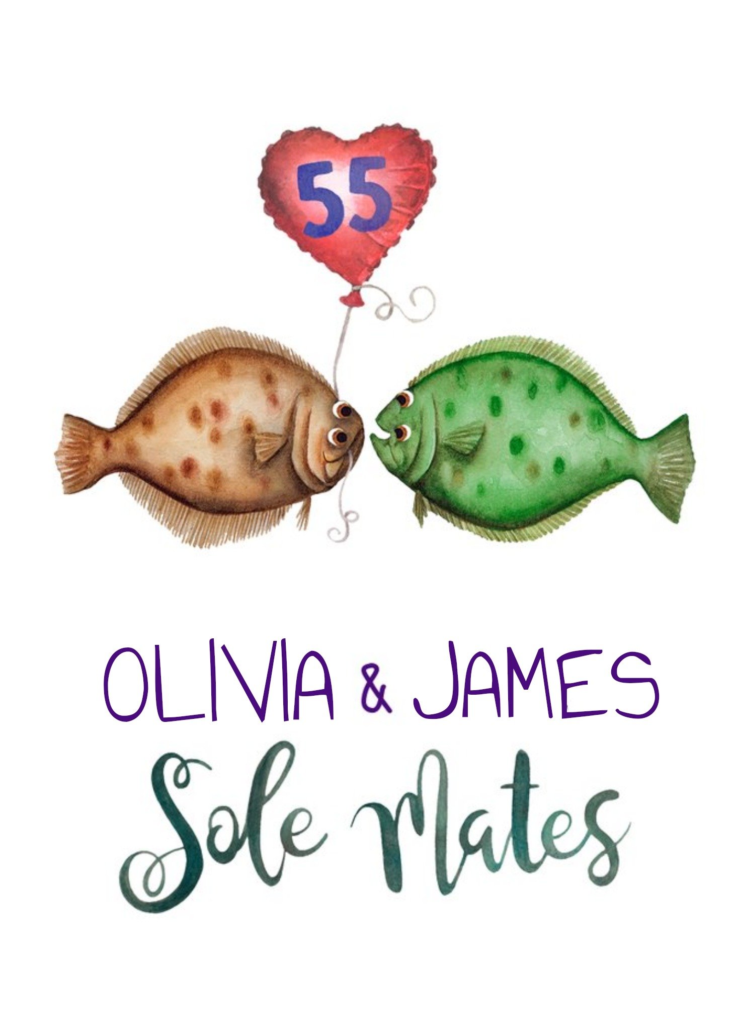 Two Sole Fish With Heart Shaped Balloon Illustration Personalised Anniversary Pun Card