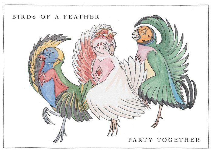 Illustration Of Three Colourful Birds Dancing Birthday Card
