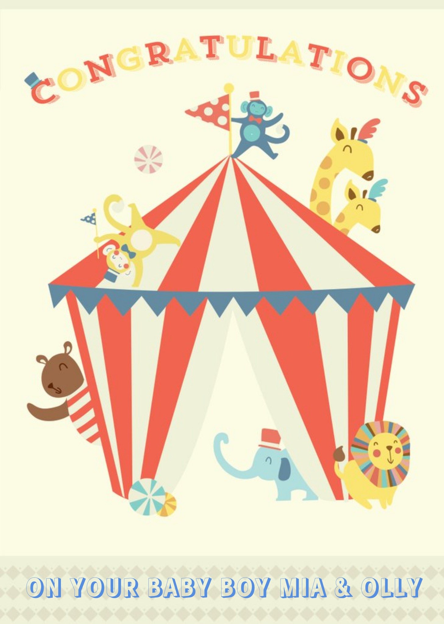 Personalised Cartoon Circus New Baby Card Ecard