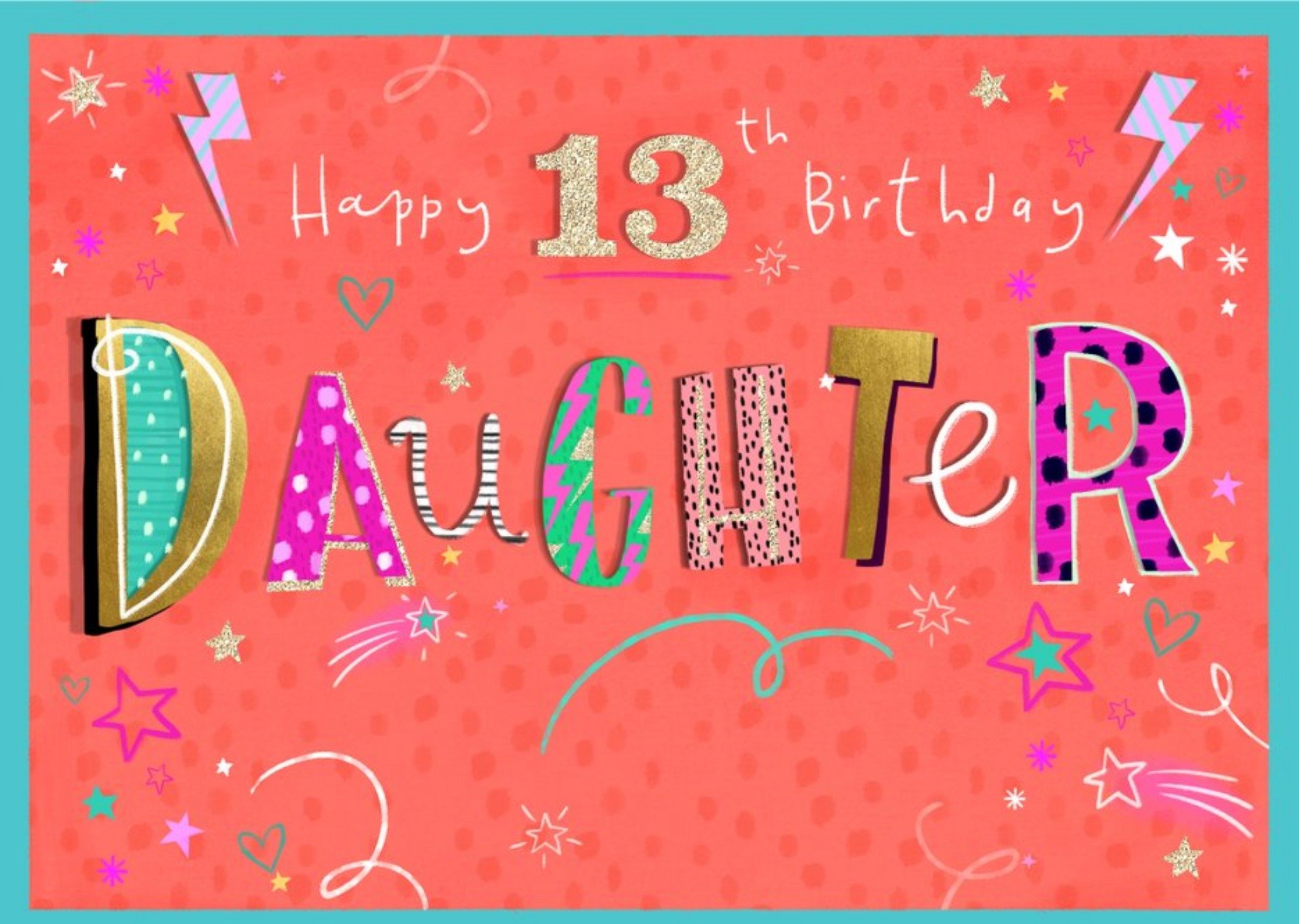Moonpig Cute Illustration Typographic Happy 13Th Birthday Daughter Card Ecard