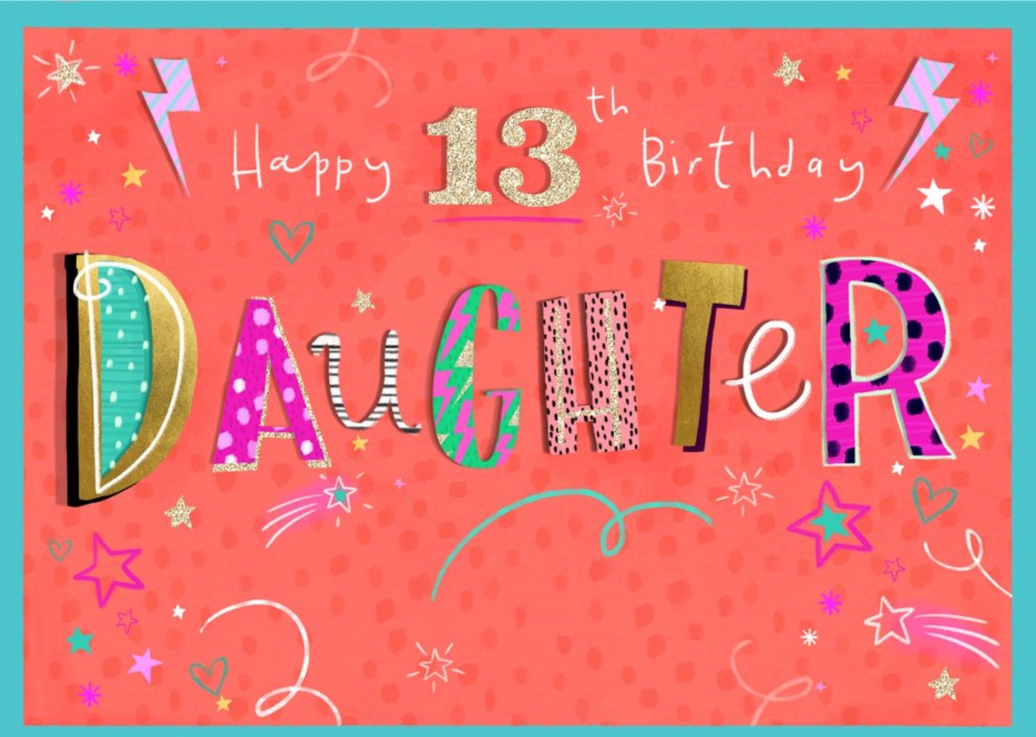 Cute Illustration Typographic Happy 13Th Birthday Daughter Card Ecard