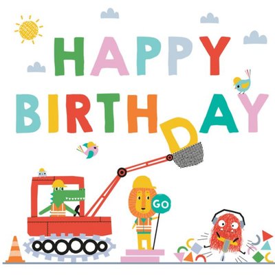 Cute Illustrated Digger Birthday Card