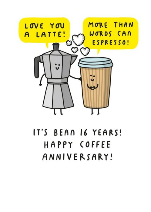 Coffee Maker And Cup Cartoon Illustration Sixteenth Anniversary Funny Pun Card