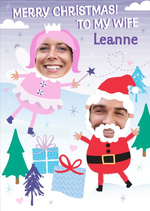 Santa And Fairy Face Photo Upload Christmas Card