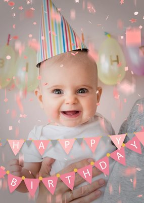 Happy Birthday Pink Bunting And Confetti Photo Upload Card
