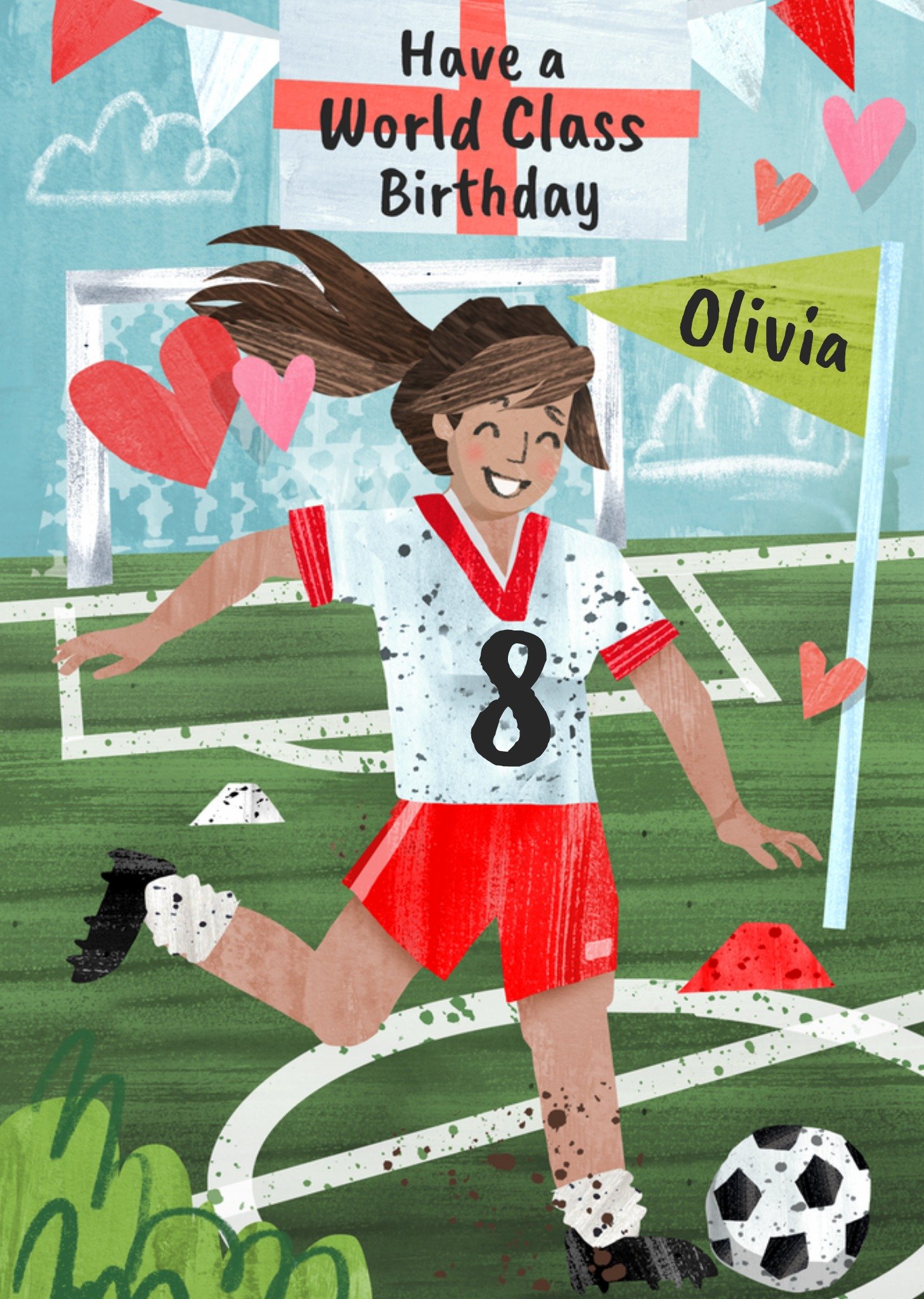 Girl Playing Football England Supporter Illustrated Birthday Card Ecard