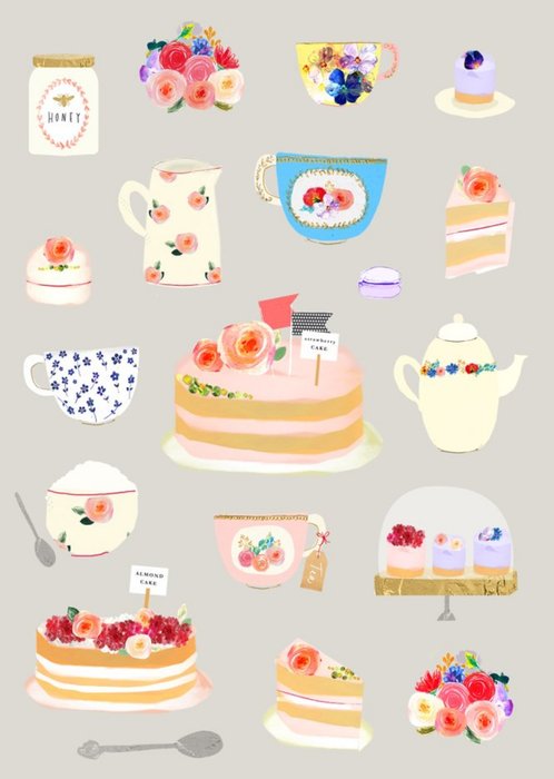 Bright Flowers, Tea, And Cakes Illustration Card