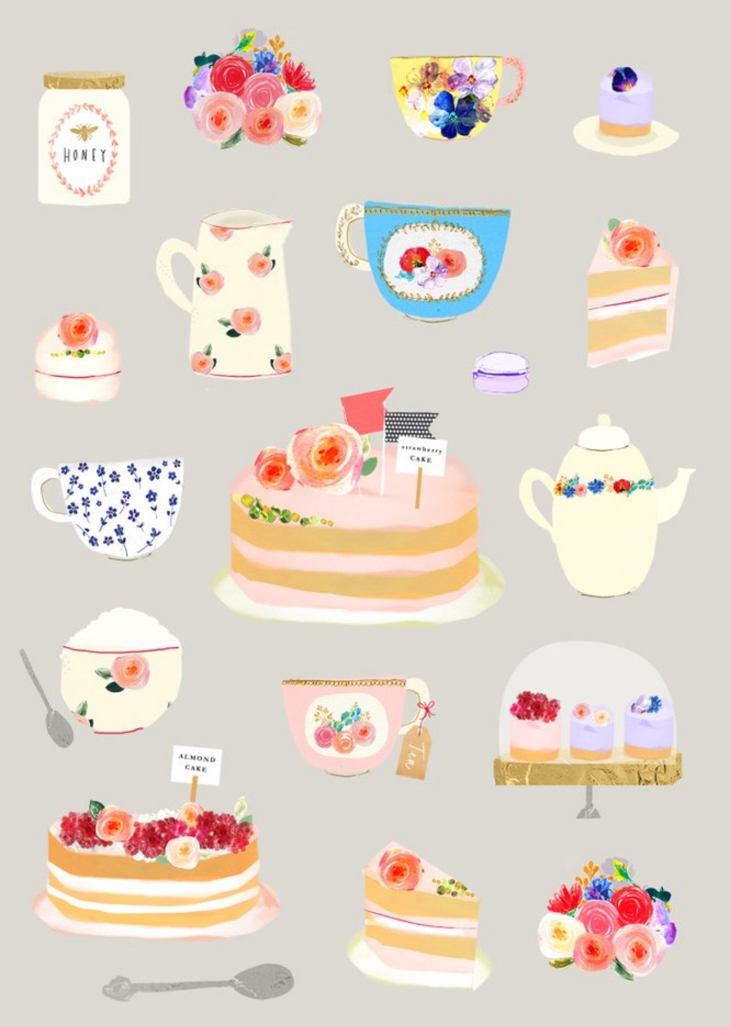 Moonpig Bright Flowers, Tea, And Cakes Illustration Card, Large