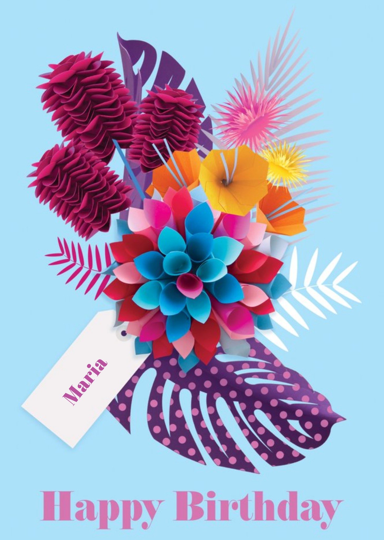 Moonpig Bright Blue Tropical Flowers Personalised Happy Birthday Card Ecard