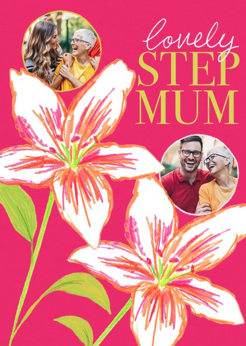 Illustration Of Flowers With Circular Photo Frames Step-Mum Photo Upload Mother's Day Card