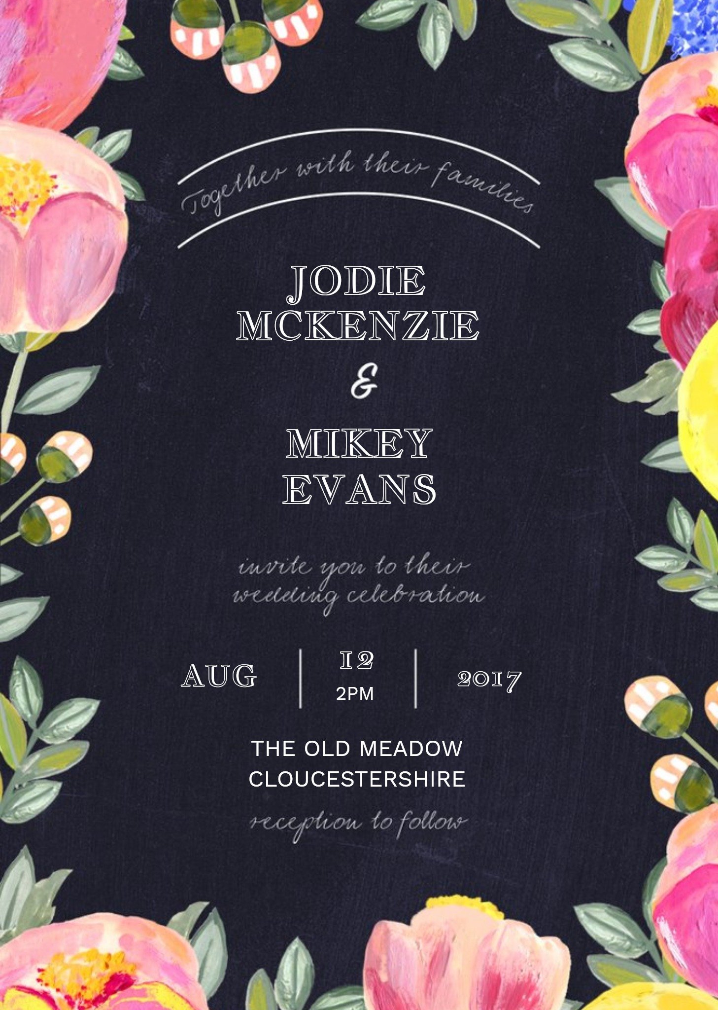 Floral Border Black Background Personalised Wedding Invite Card