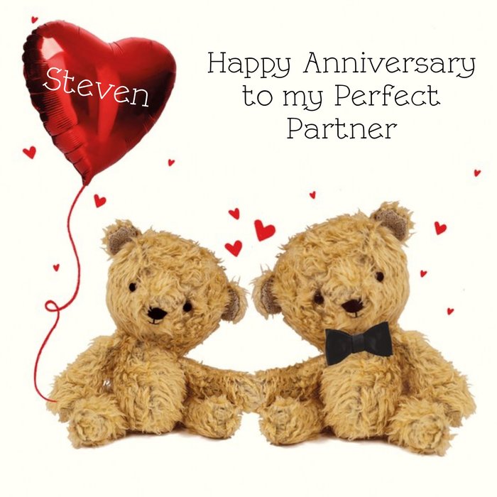 Photograph Of Two Teddy Bears With A Heart Shaped Balloon Happy Anniversary Card