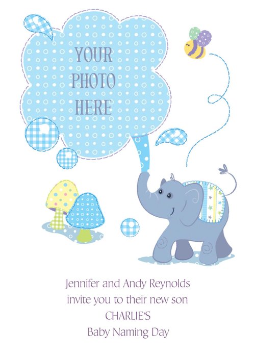 Little Blue Elephant Personalised Photo Upload Baby Naming Day Invitation  Card | Moonpig