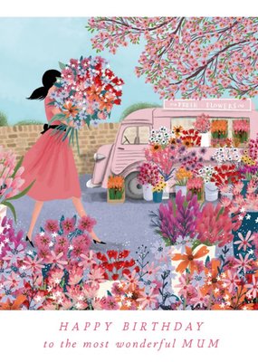 Beautiful Illustration Of A Lady Buying A Bouquet Of Flowers Mum's Birthday Card
