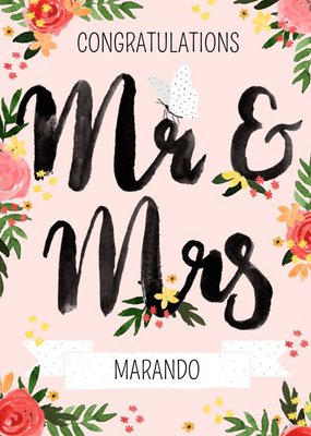 Illustration Of Roses On A Pink Background Mr And Mrs Wedding Congratulations Card