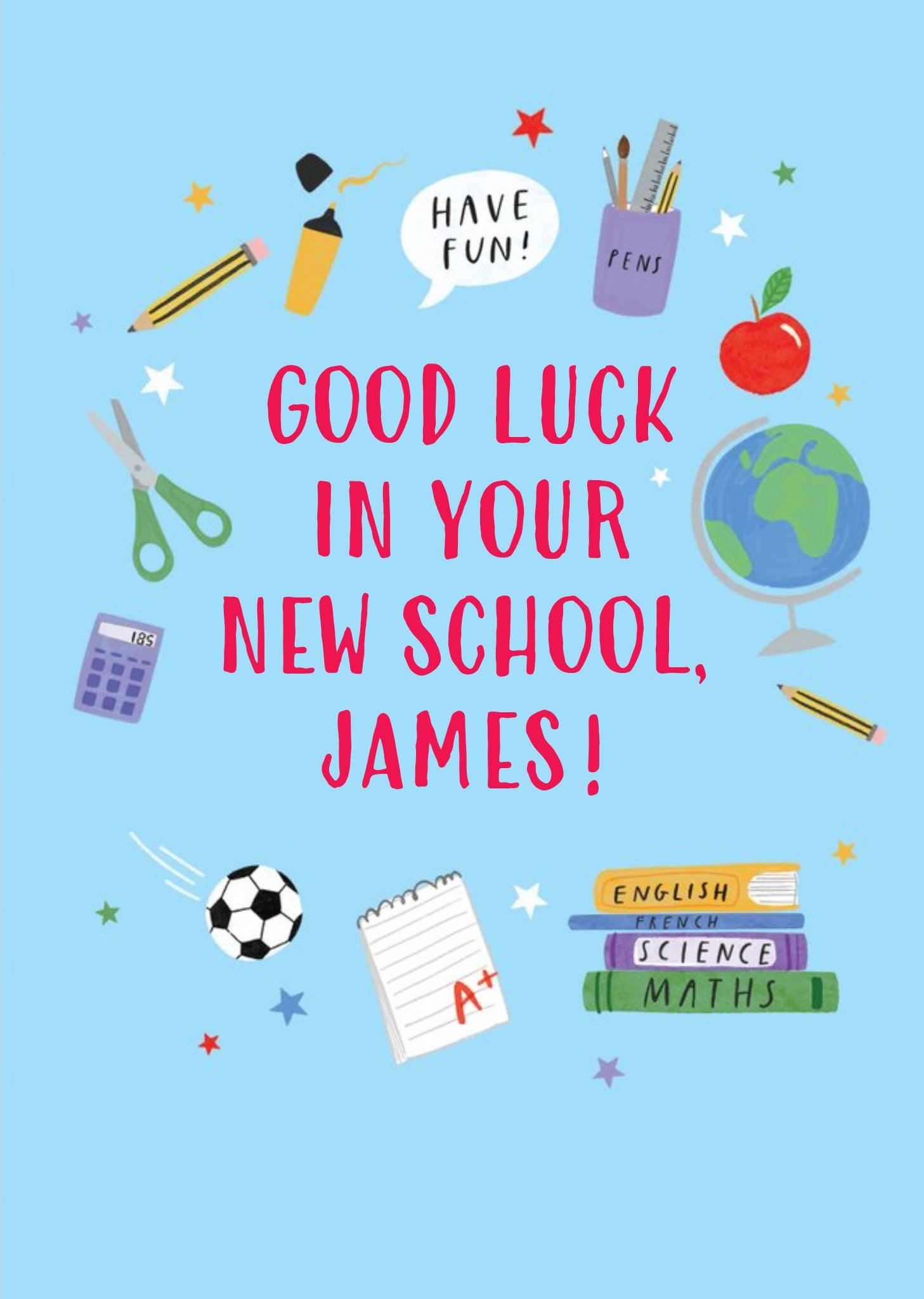 Moonpig School Themed Spot Illustrations Surround Text On A Blue Background New School Card Ecard