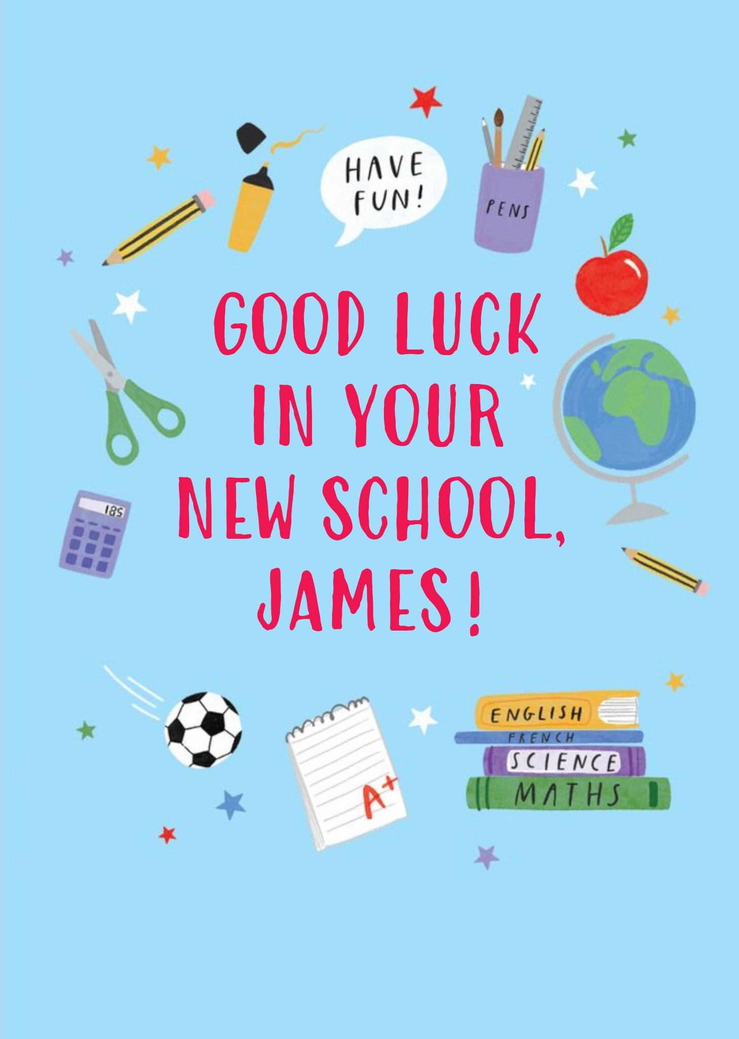 School Themed Spot Illustrations Surround Text On A Blue Background New School Card