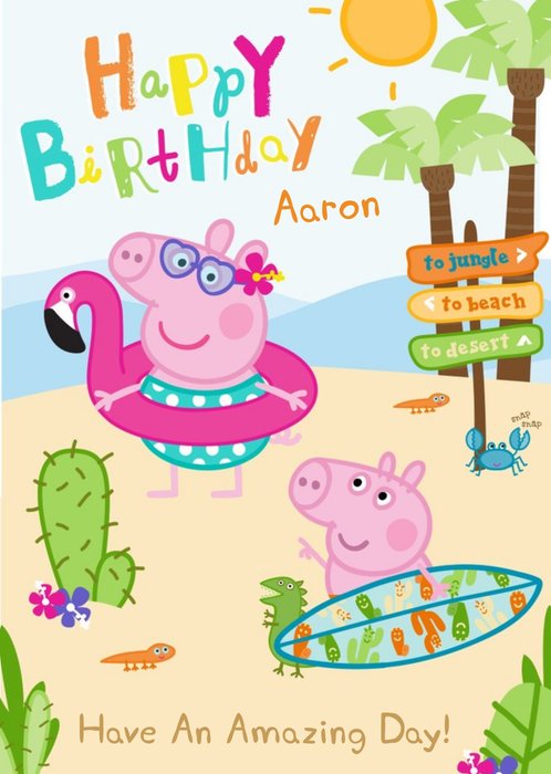 Peppa Pig At The Beach Personalised Name And Text Birthday Card