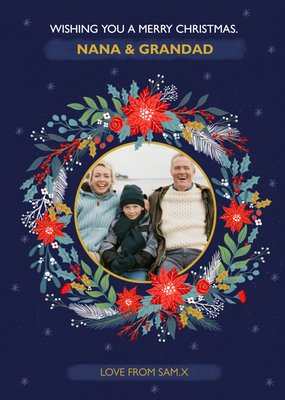 Illustrated Nana & Grandad Photo Upload Wreath Christmas Card