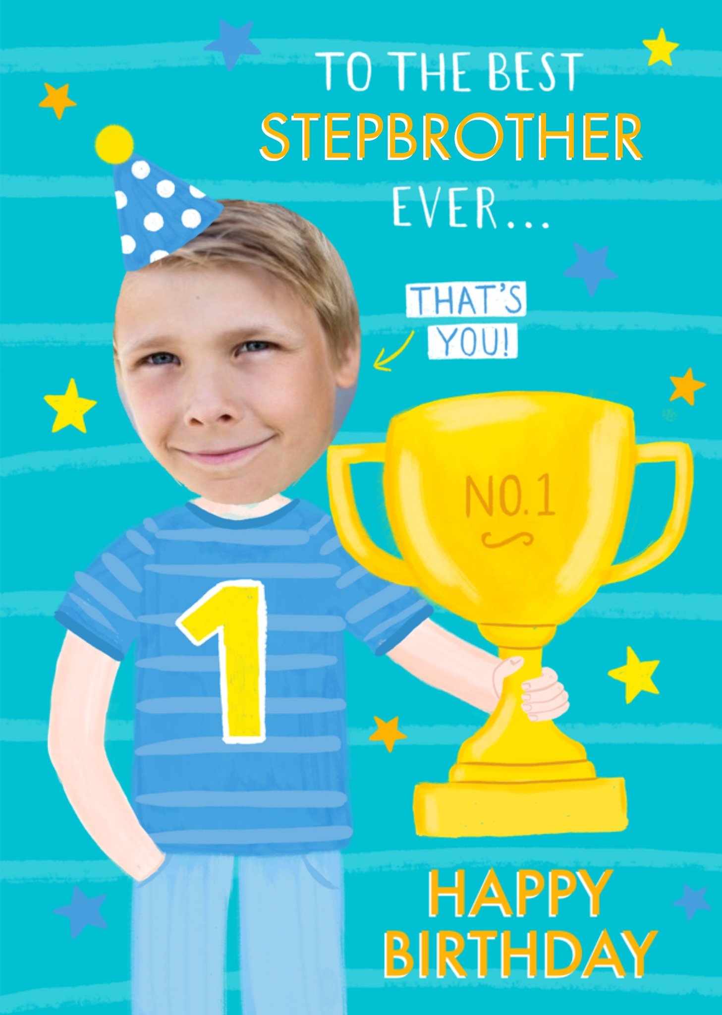 Illustrated Photo Upload Character Holding Number 1 Trophy Stepbrother Birthday Card Ecard