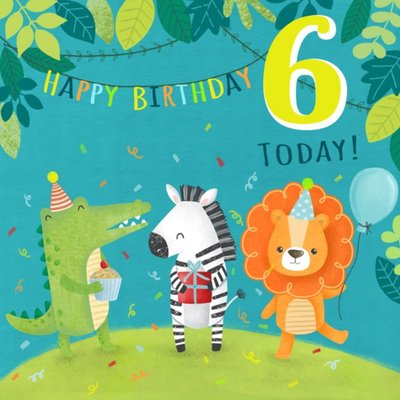 Illustrated Jungle Animal Party 6th Birthday Card