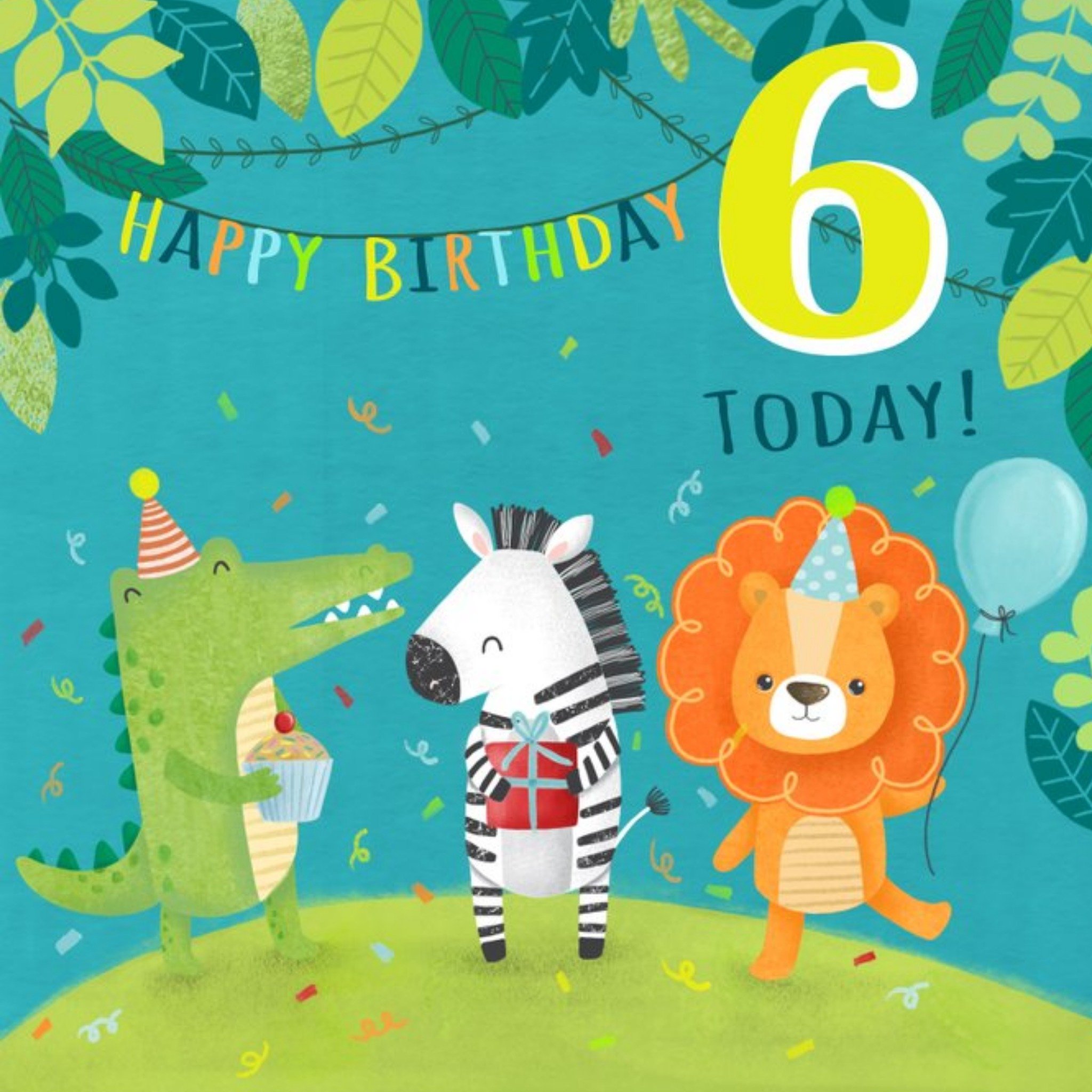 Moonpig Illustrated Jungle Animal Party 6th Birthday Card, Large