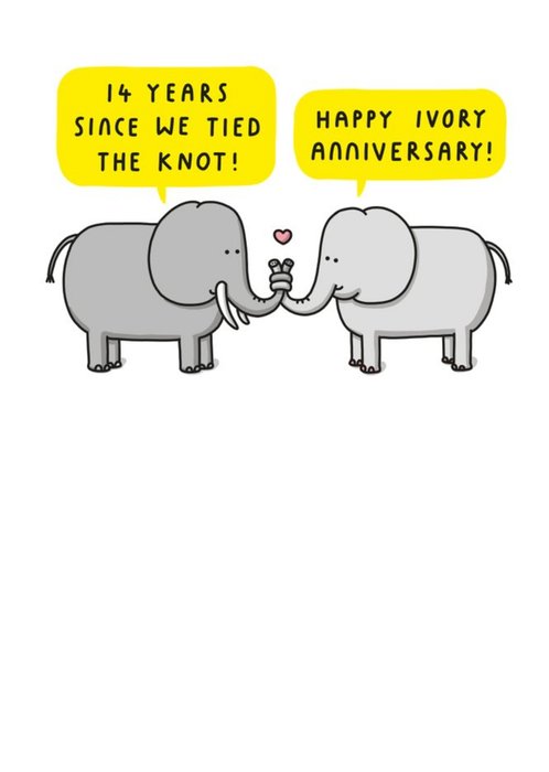 Pair Of Elephants Trunk's Tied Together Cartoon Illustration Fourteenth Anniversary Funny Pun Card