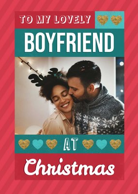 Bold Typography With Hearts On A Stripy Red Background Christmas Photo Upload Card